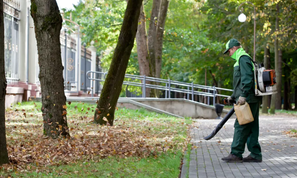 Landscaper operating Leaf Blower